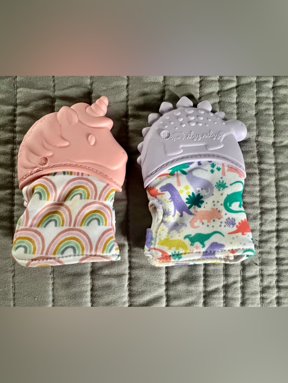 Itzy Ritzy Pink & Lilac Unicorn and Dino Teething Mittens Set